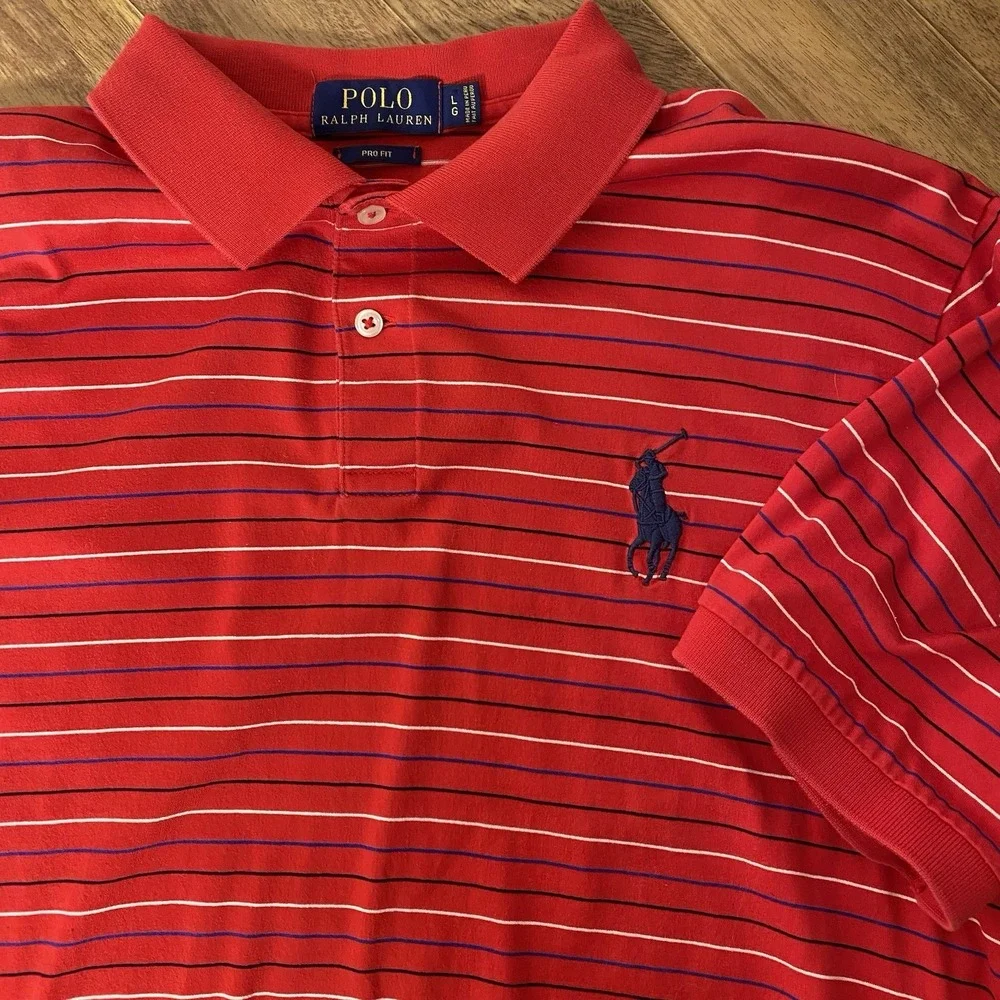 Polo Ralph Lauren Pro Fit Mens Large Golf‎ Polo Big Pony Red White Striped Shirt